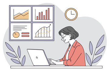 Poster - Woman working on laptop surrounded by charts and graphs in a modern office setting during the day