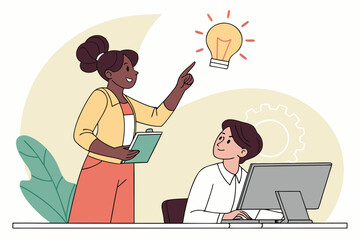 Poster - Teamwork in a creative workspace as a woman shares an idea with a colleague during a brainstorming session in a modern office setting