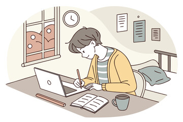Poster - Student studying at a desk with a laptop and notes in a cozy room with a window showing a pleasant outdoor view