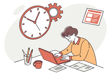 Poster - Person focused on work at desk with clock showing time and creative tools in a cozy workspace