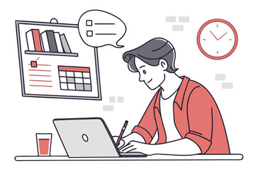 Poster - Young man working diligently at a desk, engaging with a laptop while checking tasks and time on a wall calendar and clock in a modern workspace