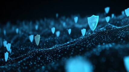 Poster - Digital Fortress: Illuminated shield icons float amid a data network, evoking a sense of secure information and cyber protection against threats.