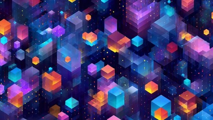 Poster - Digital Cube Universe: An immersive digital display with floating colorful cubes, each emitting a vibrant internal glow and conveying data in a modern futuristic style. 