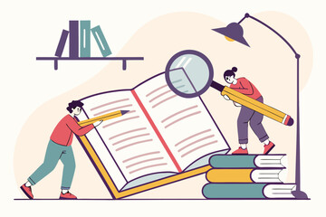Poster - Creative illustration of characters studying and analyzing a large open book with a magnifying glass in a cozy environment with bookshelves and a lamp