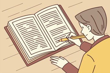 Poster - Student studying in a cozy environment with an open book and a pencil, focused on homework or research at a wooden table during the afternoon