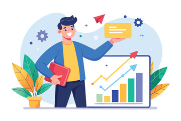 Poster - Business professional presenting growth chart with positive trends and statistics in modern office setting, surrounded by plants and graphics