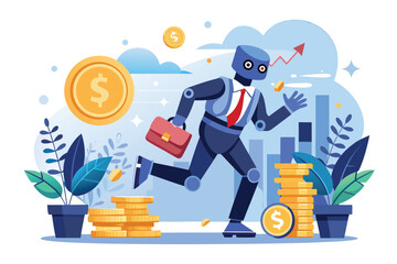 Poster - Robot in a suit running with a briefcase surrounded by coins and plants in a financial landscape