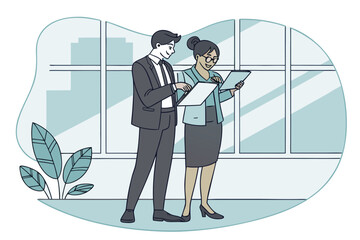 Poster - Business professionals review documents in a modern office setting during daylight hours while surrounded by indoor plants and large windows