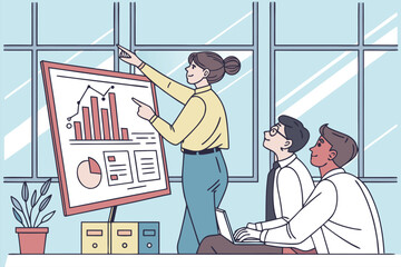 Poster - Team engages in a collaborative business discussion while reviewing projected growth charts in a modern office environment during the afternoon