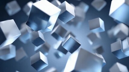Poster - Geometric Cubes in Blue: A mesmerizing abstract composition of numerous polished metallic cubes levitating against a dark blue gradient backdrop. The scene evokes a sense of technology, innovation.