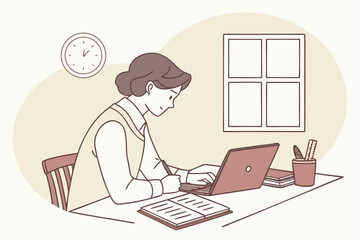 Poster - Person working at a desk in a cozy room with a laptop, notebook, and stationery during daytime