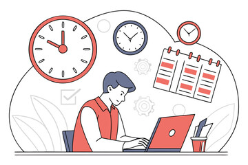 Poster - Professional working at a desk with a laptop, clocks, and calendar highlighting productivity and time management during a busy workday
