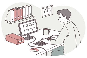 Poster - Working at a desk in a tidy office with a computer display, notebook, and coffee cup while organizing digital tasks and managing time efficiently