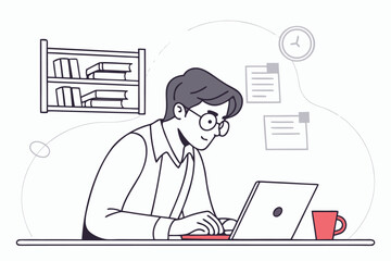 Poster - Person working on a laptop at a desk with books in a modern workspace while focused on tasks during daytime