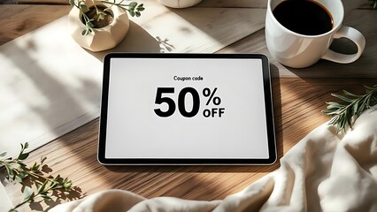 Poster - A tablet on table displays discount coupon interface beside coffee cup. Great for web promotion, mobile UI, and online shopping visuals