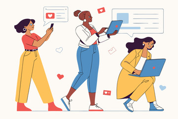 Poster - Women engaged in technology and social media communication in an office setting showcasing their skills and creativity during daytime activities