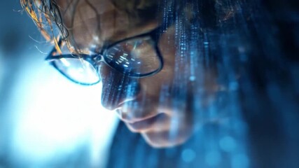 Poster - Digital World Connection: A close-up shot of a person engrossed in technology, his eyeglasses reflecting the digital flow, representing the blend of innovation and introspection.
