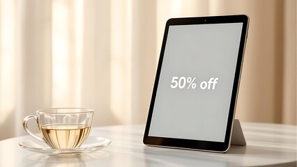 Poster - A tablet on table displays discount coupon interface beside coffee cup. Great for web promotion, mobile UI, and online shopping visuals