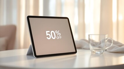Poster - A tablet on table displays discount coupon interface beside coffee cup. Great for web promotion, mobile UI, and online shopping visuals