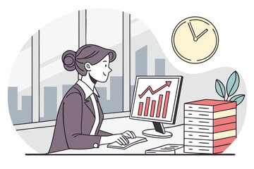 Poster - Businesswoman working at desk with computer and charts in modern office environment showing time management and productivity