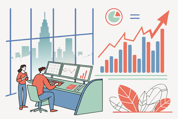 Poster - Business professionals collaborating in a modern office space, analyzing market trends with data visualizations against a city skyline backdrop