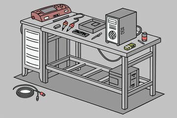 Poster - Workspace featuring a computer setup with tools, cables, and electronic components, suitable for tinkering and repairs during daylight hours