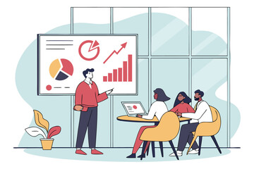 Poster - Group of professionals discussing business strategies in a modern office with data presentations and chart analysis