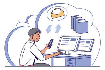 Fototapete - Business professional checking smartphone while managing documents and emails at a dual monitor workstation during work hours