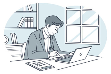 Poster - Professional man working diligently at desk with laptop and notebook in a bright, organized home office during daytime hours