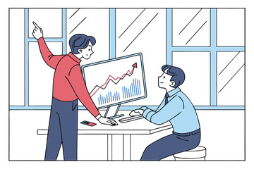 Poster - Two professionals discuss growth statistics in a modern office as they analyze a data chart on the computer screen during daylight hours