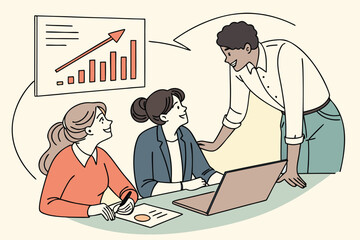 Poster - Business meeting in a bright office with team discussing growth strategy and reviewing charts for improvement