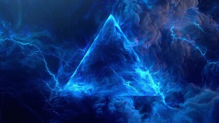 Poster - Mystical Blue Triangle: A glowing blue triangle set against a background of swirling clouds and electric energy, evoking a sense of mystery and otherworldly beauty.