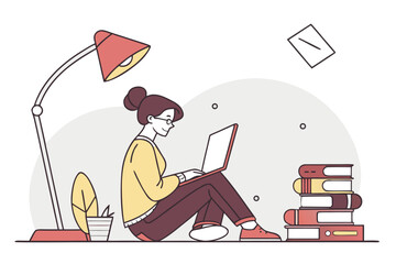 Poster - Young woman studying with laptop beside a stack of books and a lamp in a minimalist workspace on a cozy afternoon
