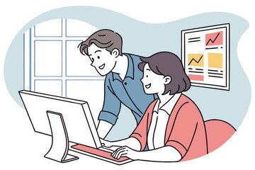 Poster - Team members collaborating at a desk, analyzing data on a computer screen in a modern office setting with charts displayed on the wall in a bright environment