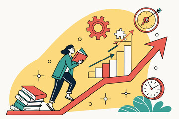 Poster - Growth and learning illustrated with a person climbing a staircase of success beside books and charts in a colorful design