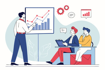 Poster - Business presentation on financial growth trends with a team engaged in discussion and analysis using charts and graphs