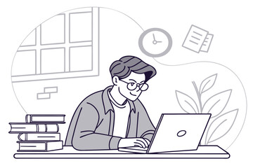 Poster - Student studying at a desk with books and a laptop while focusing on assignments in a cozy, bright environment with plants and a clock