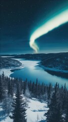Wall Mural - Aurora borealis illuminating snowy landscape and lake