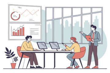 Poster - Team discussing data analysis in a modern office environment during daytime with interactive screens and city skyline in background