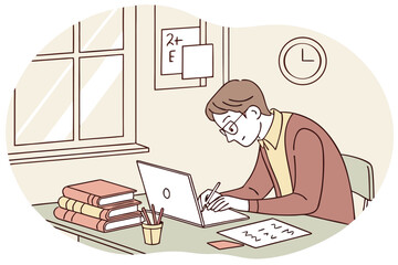 Poster - Student studying diligently at a desk with laptop, books, and stationery in a cozy study space during the afternoon