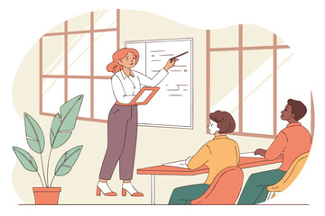 Poster - Group learning session with a teacher presenting information on a whiteboard in a modern classroom with large windows and a plant