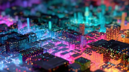 Poster - Cyber Cityscape: A vibrant and intricate digital city, showcasing the mesmerizing complexity and futuristic essence of technological advancement and innovation.