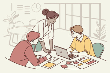 Poster - Team collaboration in a modern office setting during a brainstorming session using a laptop and creative materials