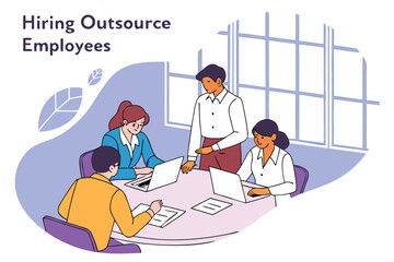Poster - Team collaborating on hiring outsource employees in a modern office environment showcasing diversity and teamwork