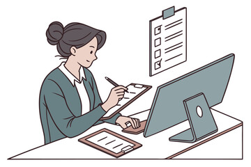 Poster - Professional woman working at desk with computer and clipboard in modern office setting during daytime