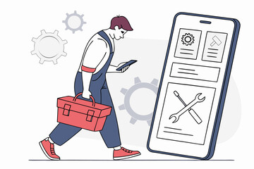Poster - Worker carrying toolbox while using smartphone in a digital work environment focusing on technology and tools for daily tasks