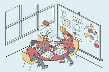 Poster - Team collaboration in a modern workspace with presentations and discussions taking place around a table during a brainstorming session