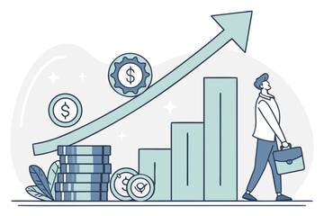 Poster - Business growth represented by increasing charts, rising coins, and a professional walking with a briefcase in a modern illustration