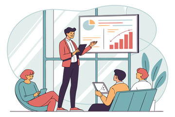 Poster - Professional business presentation in modern office setting with team engaged and visual aids displayed