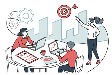 Poster - Team meeting in an office setting discussing project goals and analyzing data to enhance business strategies during the day